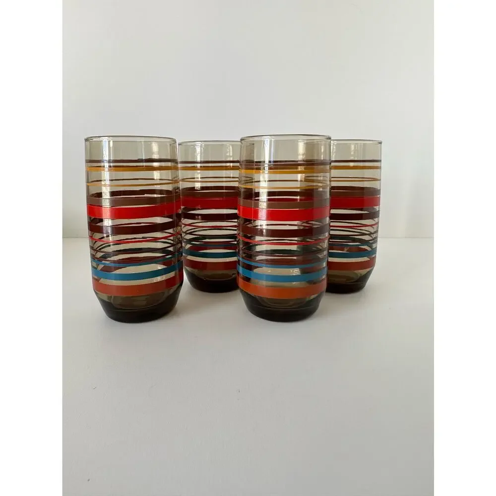 Vintage retro Dominion Glass Smokey striped glasses tumblers set 4